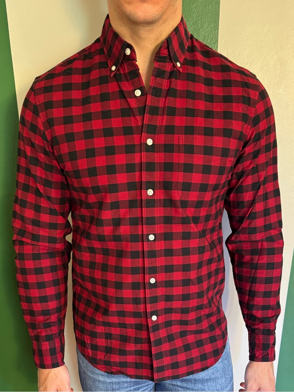 J. Crew Men’s Red and Black Buffalo Check Button-Down Shirt